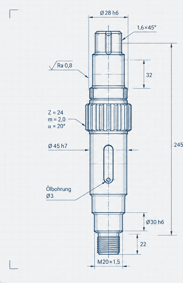 Technische Blueprint-Zeichnung: Zwischenwellen